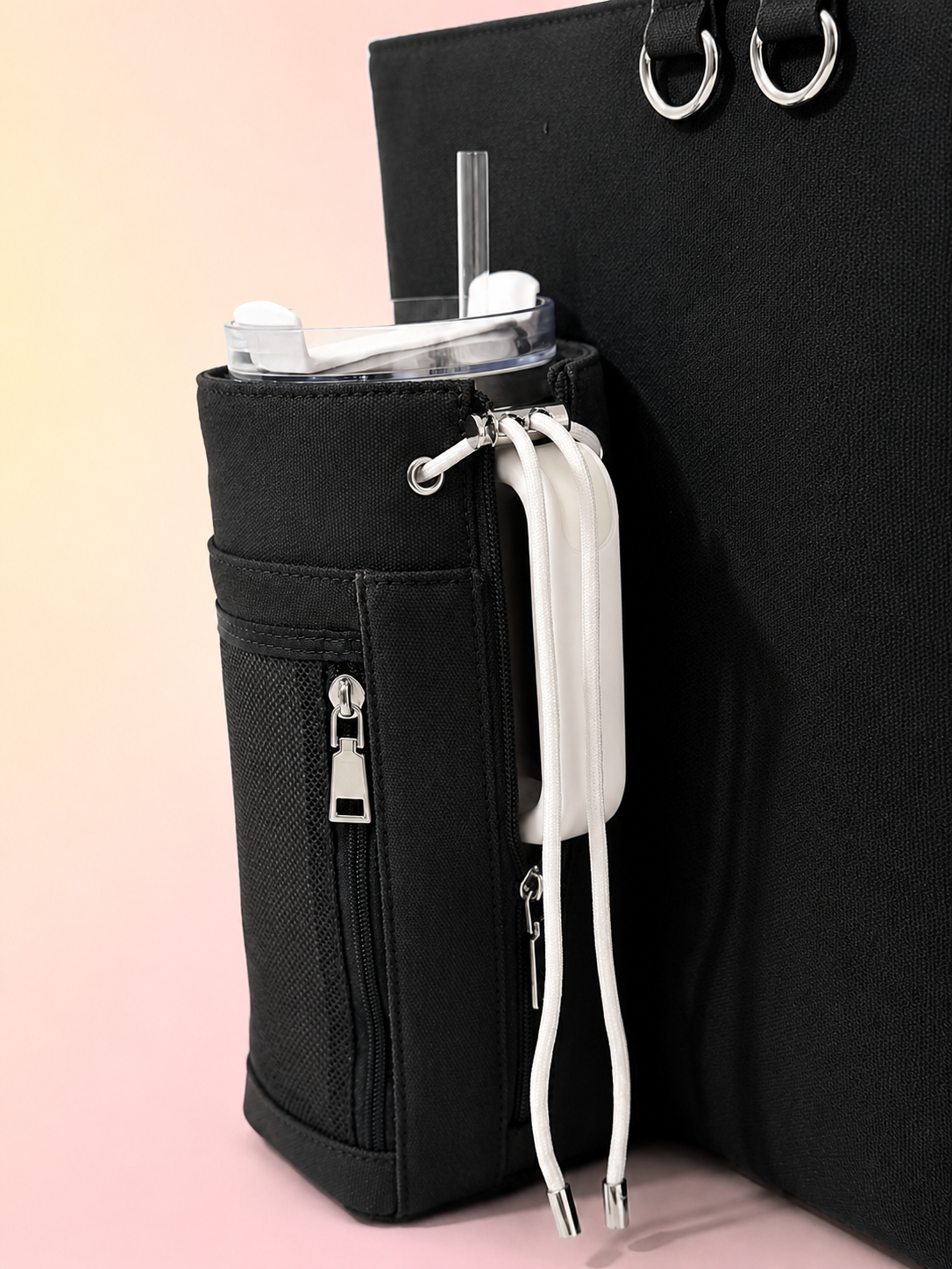 Black Canvas Tote Bag with Water Bottle Holder for 30oz & 40oz Giant Tumblers, Laptop & Everyday Essentials | Pink & Green | Fits Stanley, Owala, Hydro Flask & More