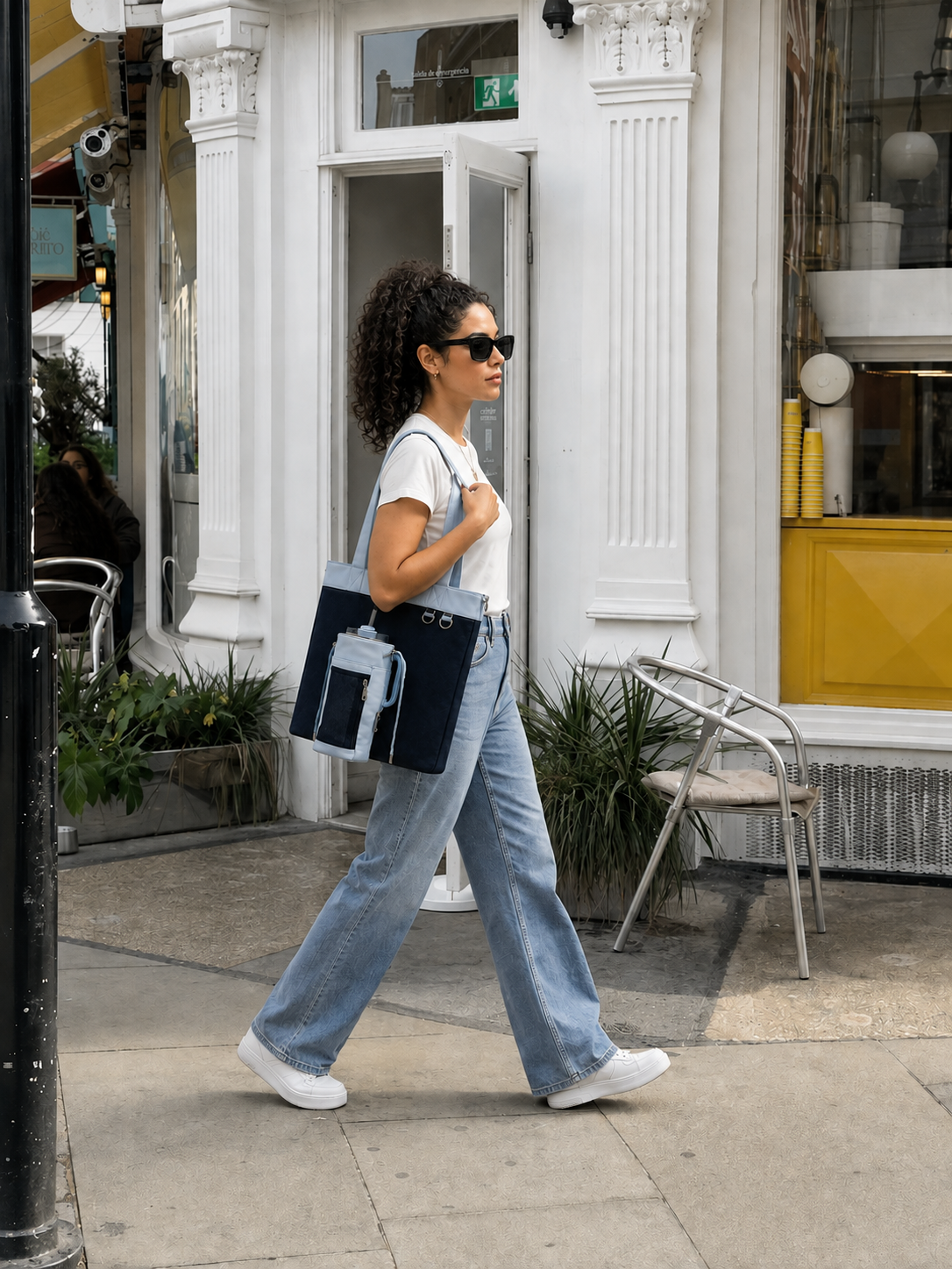 Woman carrying navy and baby blue water bottle tote bag while walking