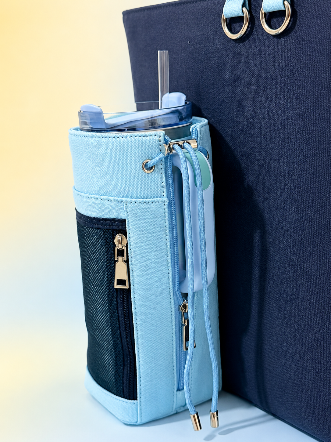 Navy& Baby Blue Canvas Tote Bag with Water Bottle Holder for 30oz & 40oz Giant Tumblers, Laptop & Everyday Essentials | Fits Stanley, Owala, Hydro Flask & More
