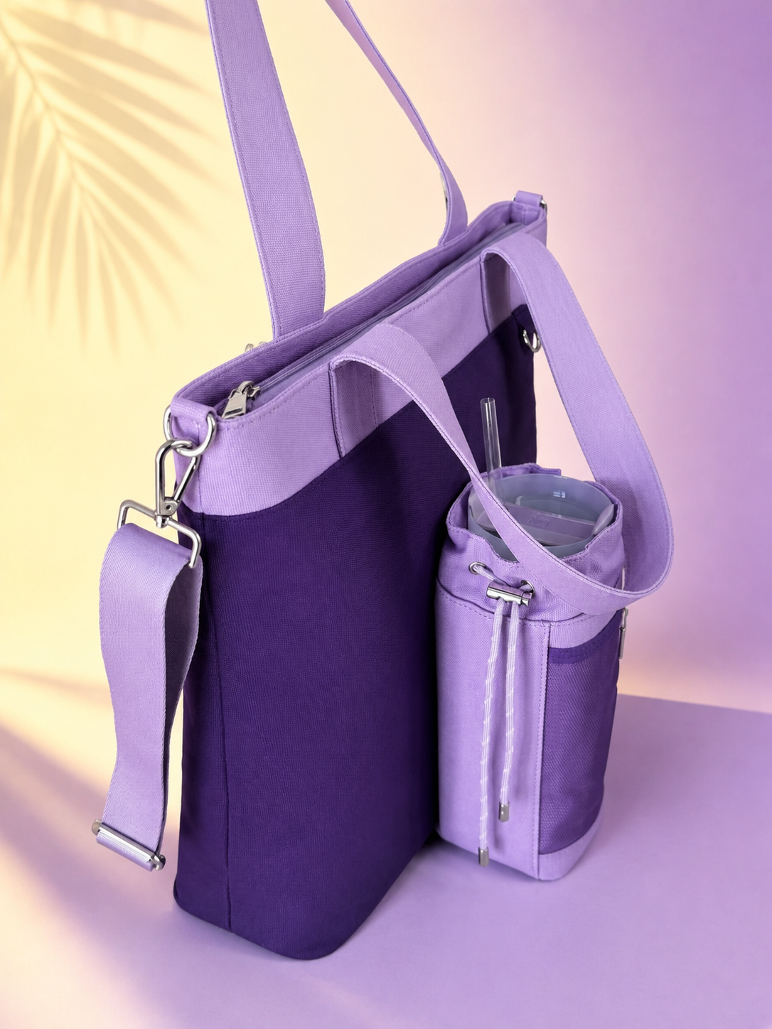 Purple Canvas Tote Bag with Water Bottle Holder for 30oz & 40oz Giant Tumblers, Laptop & Everyday Essentials | Fits Stanley, Owala, Hydro Flask & More