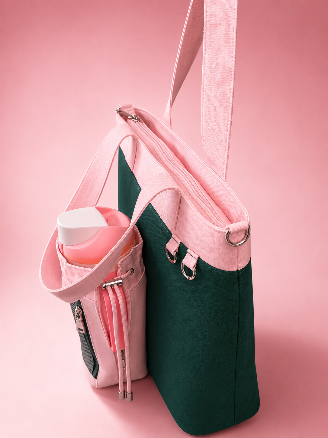 Strawberry Canvas Tote Bag with Water Bottle Holder for 30oz & 40oz Giant Tumblers, Laptop & Everyday Essentials | Pink & Green | Fits Stanley, Owala, Hydro Flask & More