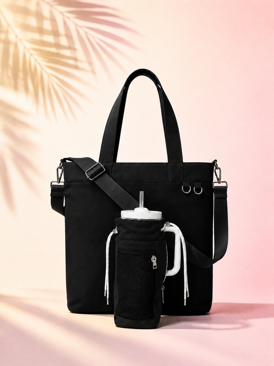 Black water bottle tote bag with dedicated bottle holder