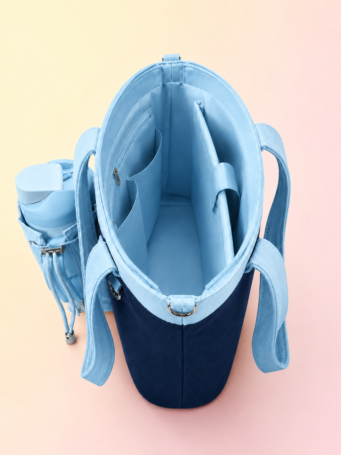 Navy& Baby Blue Canvas Tote Bag with Water Bottle Holder for 30oz & 40oz Giant Tumblers, Laptop & Everyday Essentials | Fits Stanley, Owala, Hydro Flask & More