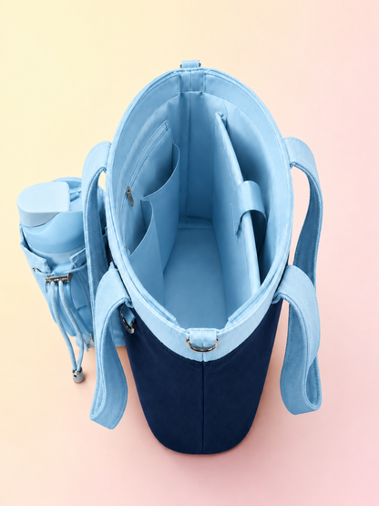 Navy& Baby Blue Canvas Tote Bag with Water Bottle Holder for 30oz & 40oz Giant Tumblers, Laptop & Everyday Essentials | Fits Stanley, Owala, Hydro Flask & More