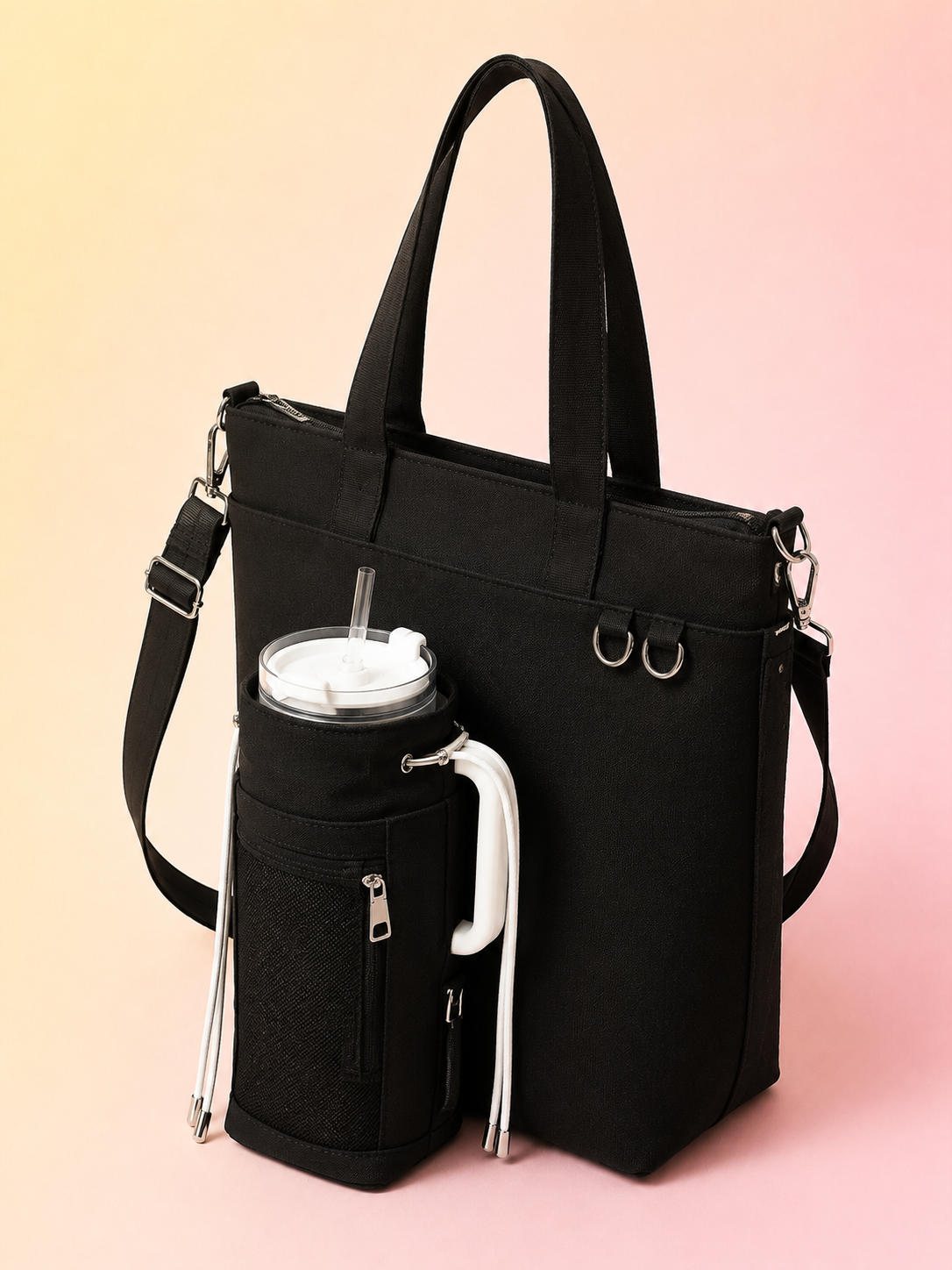 Black Canvas Tote Bag with Water Bottle Holder for 30oz & 40oz Giant Tumblers, Laptop & Everyday Essentials | Pink & Green | Fits Stanley, Owala, Hydro Flask & More