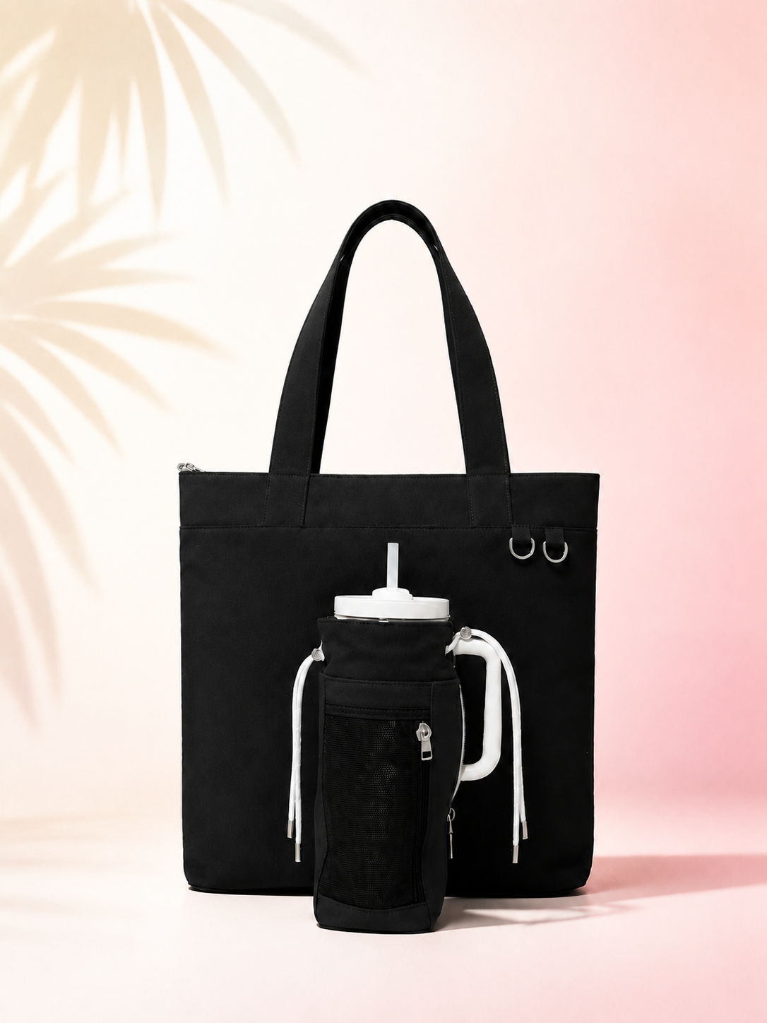 Black Canvas Tote Bag with Water Bottle Holder for 30oz & 40oz Giant Tumblers, Laptop & Everyday Essentials | Pink & Green | Fits Stanley, Owala, Hydro Flask & More