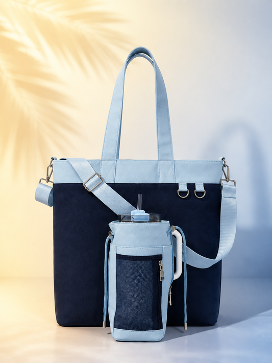 Navy and baby blue water bottle tote bag with dedicated bottle holder