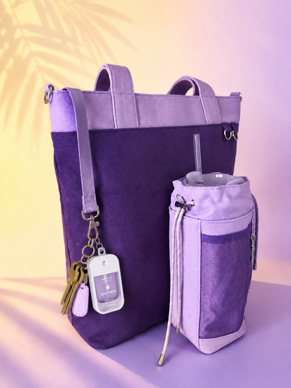 Purple water bottle tote bag with keychain holder and dedicated bottle pocket