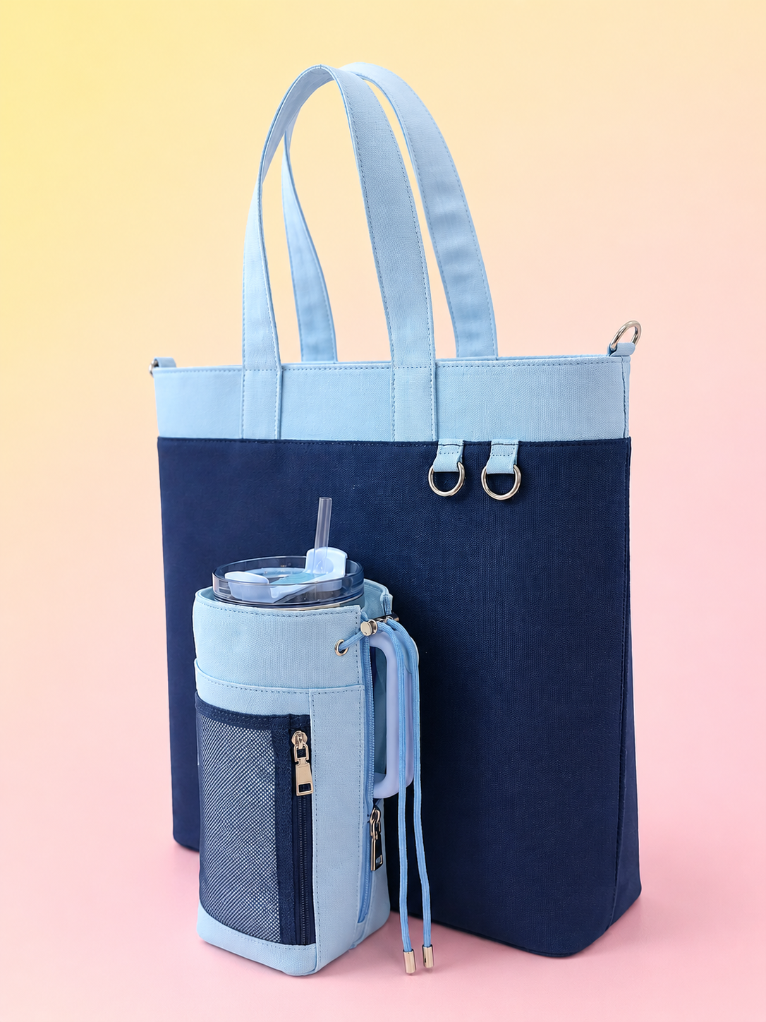 Navy& Baby Blue Canvas Tote Bag with Water Bottle Holder for 30oz & 40oz Giant Tumblers, Laptop & Everyday Essentials | Fits Stanley, Owala, Hydro Flask & More