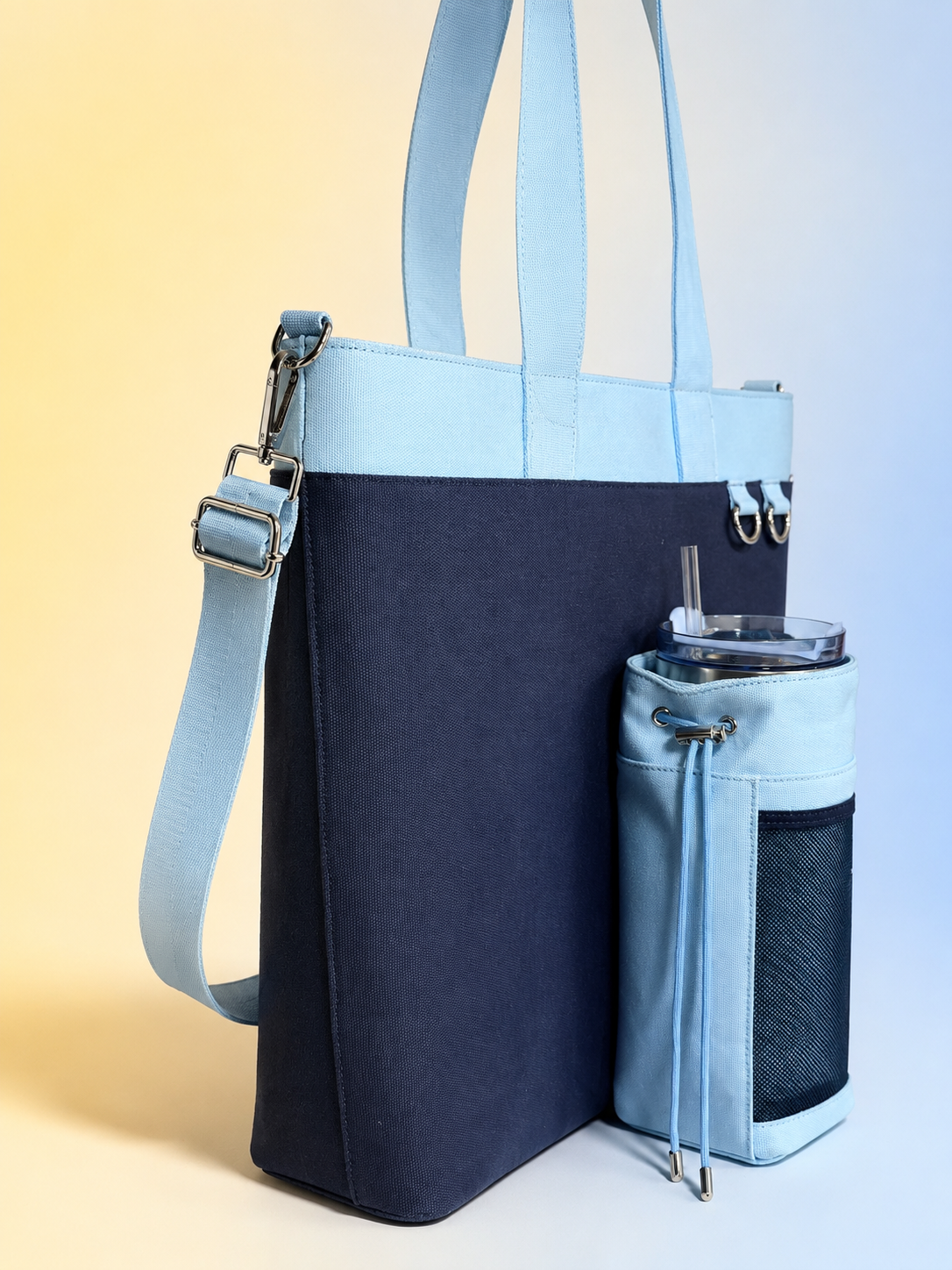 Navy& Baby Blue Canvas Tote Bag with Water Bottle Holder for 30oz & 40oz Giant Tumblers, Laptop & Everyday Essentials | Fits Stanley, Owala, Hydro Flask & More