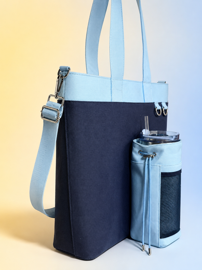 Navy& Baby Blue Canvas Tote Bag with Water Bottle Holder for 30oz & 40oz Giant Tumblers, Laptop & Everyday Essentials | Fits Stanley, Owala, Hydro Flask & More