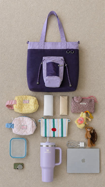 A styled flat-lay of a purple and lavender water bottle tote bag with a dedicated water tumbler holder pocket, surrounded by matching accessories including small pouches, a tumbler, a laptop sleeve, a water bottle, and a laptop on a beige textured background.