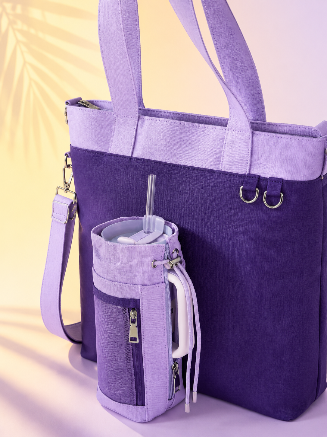 Purple Canvas Tote Bag with Water Bottle Holder for 30oz & 40oz Giant Tumblers, Laptop & Everyday Essentials | Fits Stanley, Owala, Hydro Flask & More