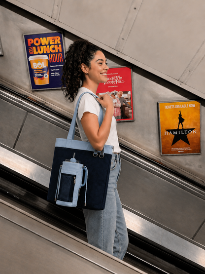 Woman carrying a navy and baby blue water bottle tote bag with bottle holder
