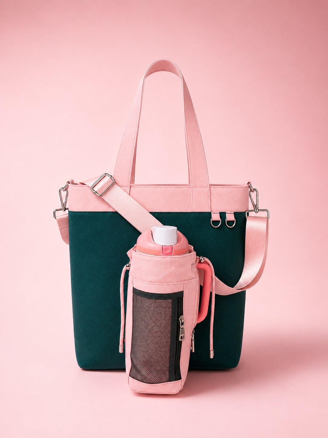Strawberry Canvas Tote Bag with Water Bottle Holder for 30oz & 40oz Giant Tumblers, Laptop & Everyday Essentials | Pink & Green | Fits Stanley, Owala, Hydro Flask & More