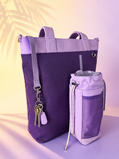 Purple Canvas Tote Bag with Water Bottle Holder for 30oz & 40oz Giant Tumblers, Laptop & Everyday Essentials | Fits Stanley, Owala, Hydro Flask & More