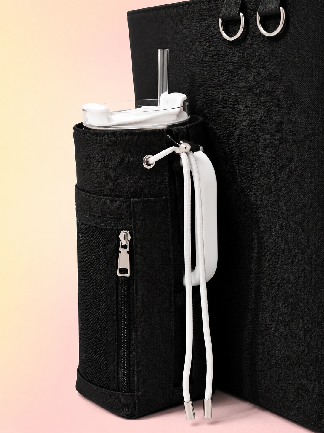 Black Canvas Tote Bag with Water Bottle Holder for 30oz & 40oz Giant Tumblers, Laptop & Everyday Essentials | Pink & Green | Fits Stanley, Owala, Hydro Flask & More