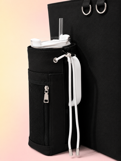Black Canvas Tote Bag with Water Bottle Holder for 30oz & 40oz Giant Tumblers, Laptop & Everyday Essentials | Pink & Green | Fits Stanley, Owala, Hydro Flask & More