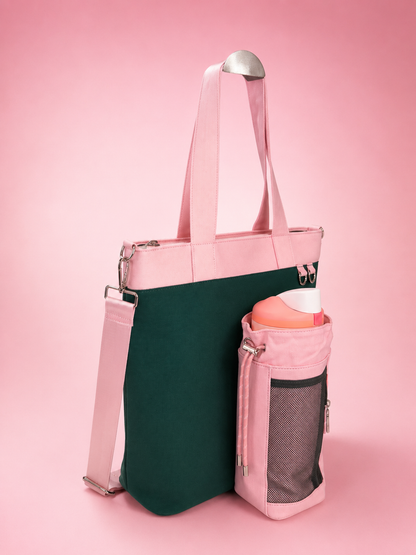 Strawberry Canvas Tote Bag with Water Bottle Holder for 30oz & 40oz Giant Tumblers, Laptop & Everyday Essentials | Pink & Green | Fits Stanley, Owala, Hydro Flask & More