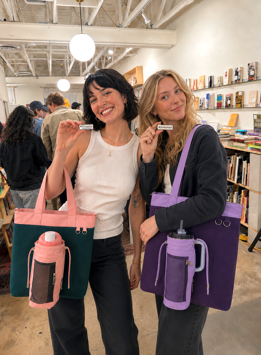 Women carrying pink and green and purple water bottle totes with customizable hashtag personality pins.