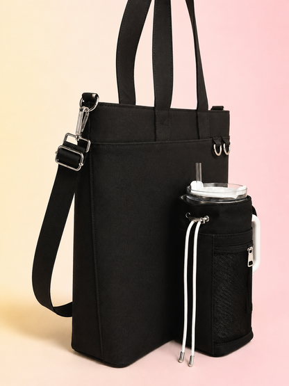 Black Canvas Tote Bag with Water Bottle Holder for 30oz & 40oz Giant Tumblers, Laptop & Everyday Essentials | Pink & Green | Fits Stanley, Owala, Hydro Flask & More