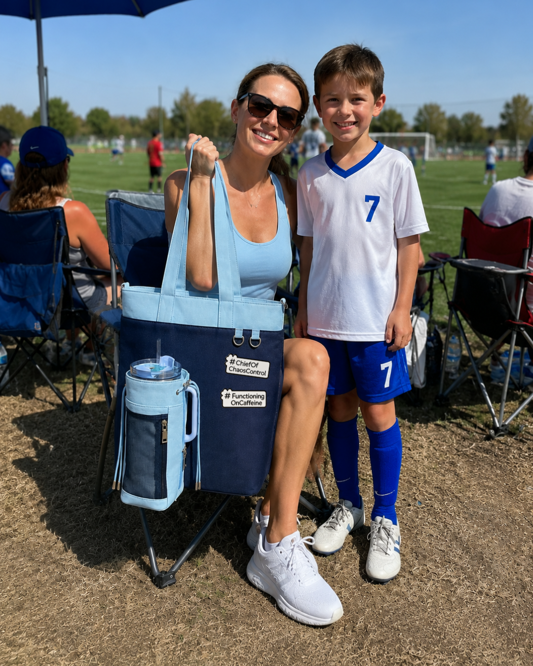Mom carrying Off Script giant water bottle tote with large water bottle at soccer game