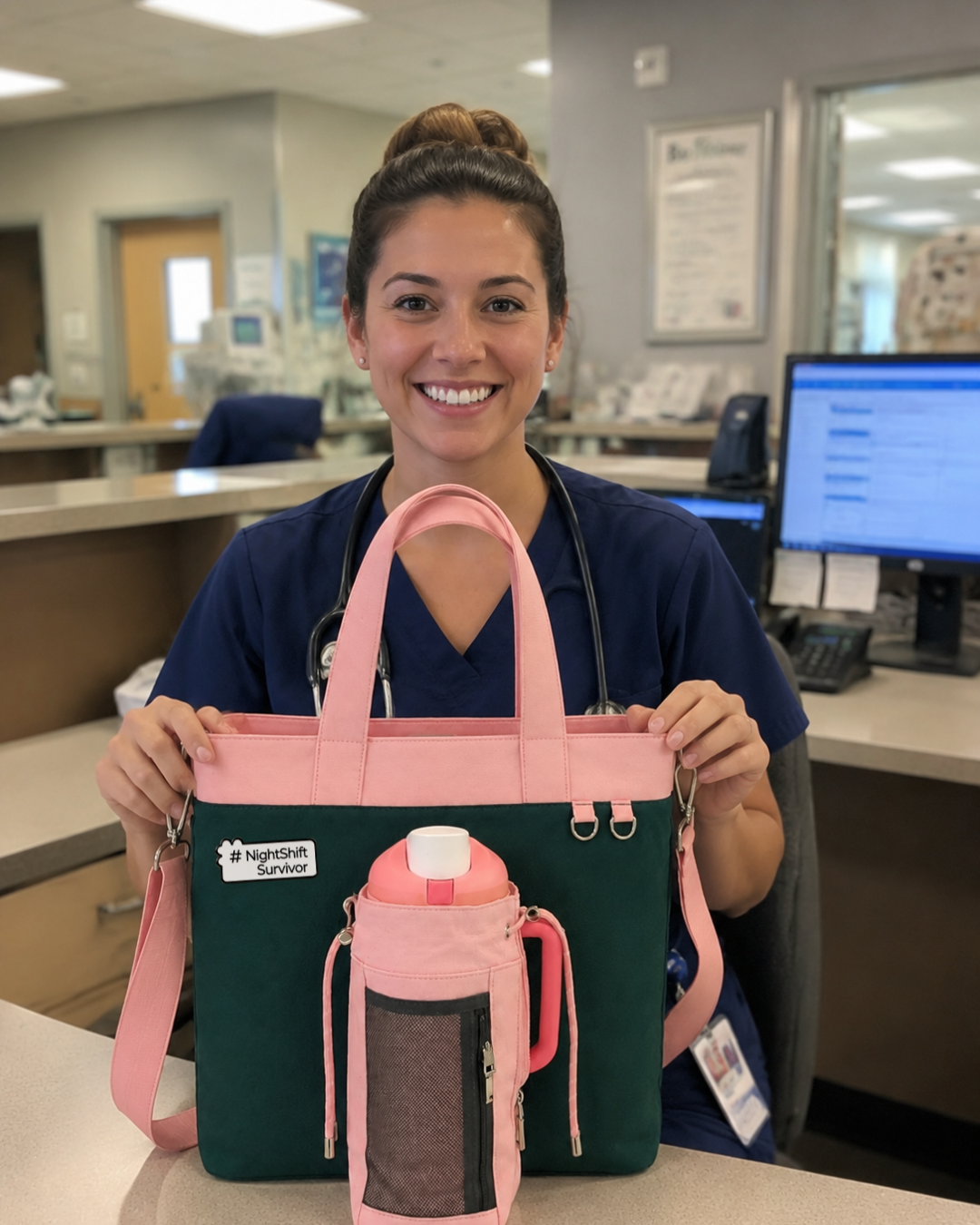 Nurse carrying Off Script giant water bottle tote with large water bottle and work essentials