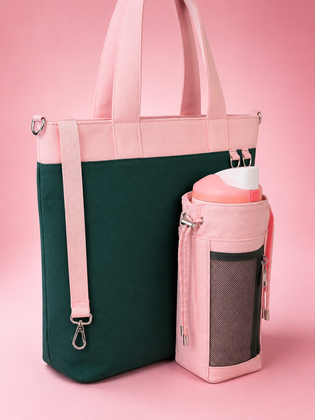 Strawberry Canvas Tote Bag with Water Bottle Holder for 30oz & 40oz Giant Tumblers, Laptop & Everyday Essentials | Pink & Green | Fits Stanley, Owala, Hydro Flask & More