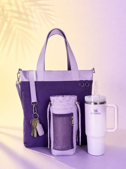 Purple Canvas Tote Bag with Water Bottle Holder for 30oz & 40oz Giant Tumblers, Laptop & Everyday Essentials | Fits Stanley, Owala, Hydro Flask & More