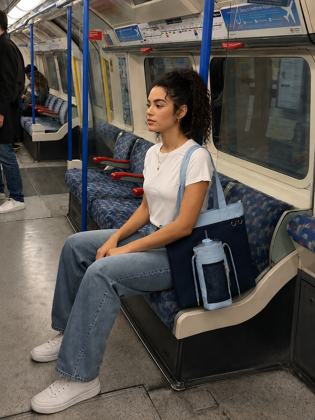 Woman carrying navy and baby blue water bottle tote bag on subway