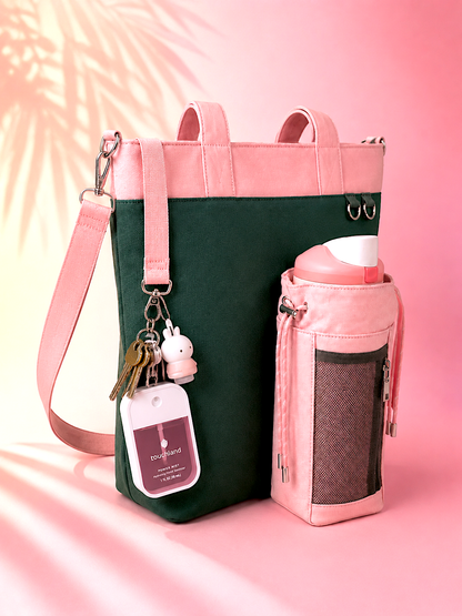 Strawberry Canvas Tote Bag with Water Bottle Holder for 30oz & 40oz Giant Tumblers, Laptop & Everyday Essentials | Pink & Green | Fits Stanley, Owala, Hydro Flask & More
