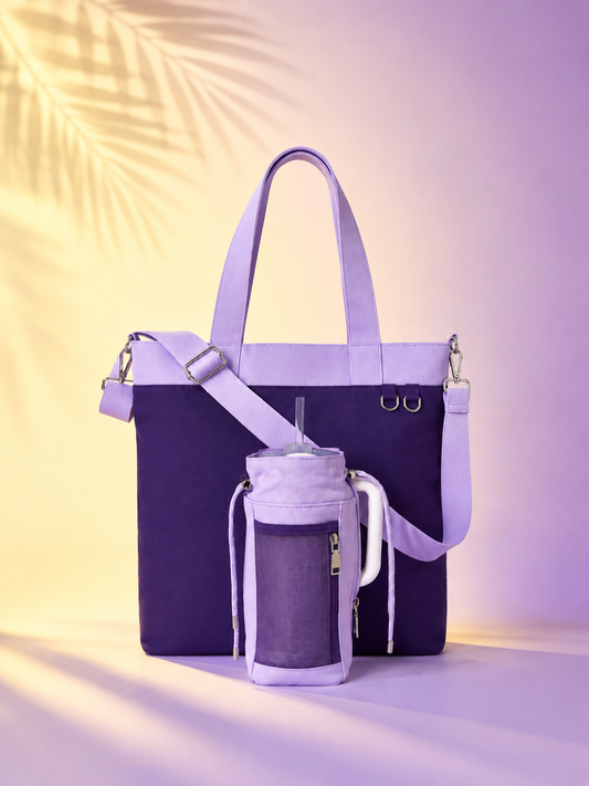 Purple and lavender water bottle tote bag with dedicated bottle holder