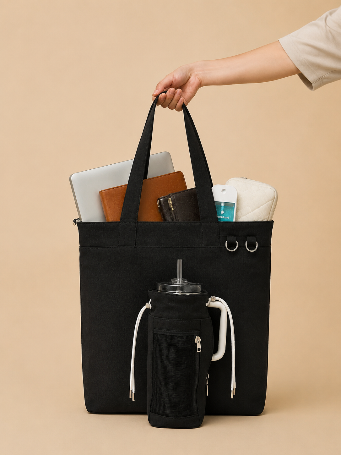 Black Canvas Tote Bag with Water Bottle Holder for 30oz & 40oz Giant Tumblers, Laptop & Everyday Essentials | Pink & Green | Fits Stanley, Owala, Hydro Flask & More