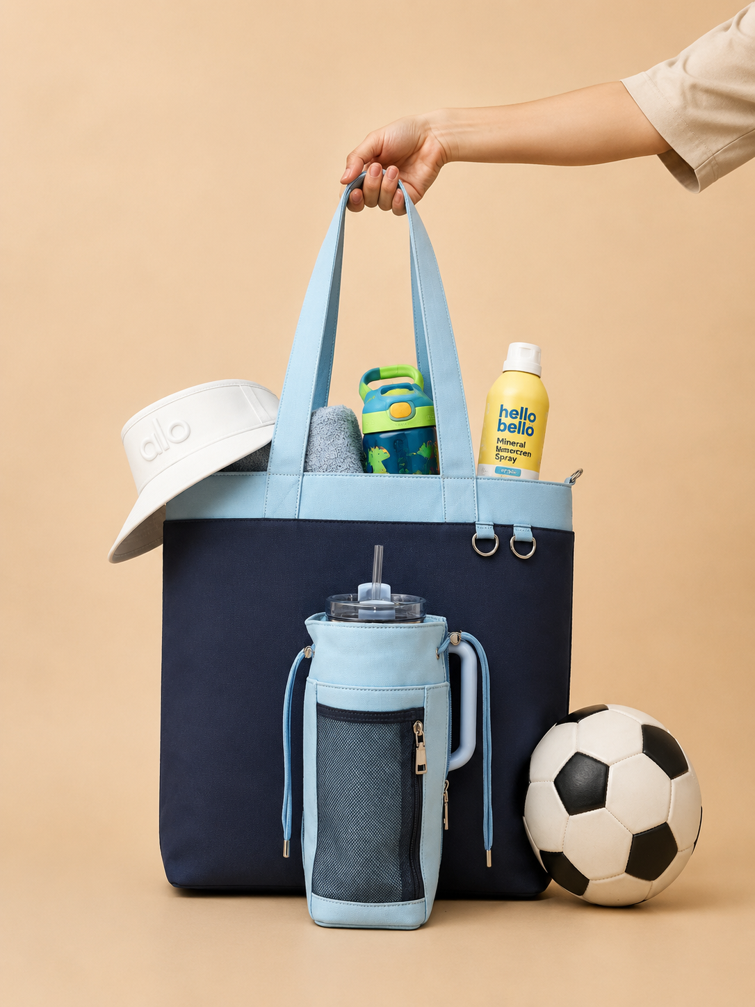 Navy& Baby Blue Canvas Tote Bag with Water Bottle Holder for 30oz & 40oz Giant Tumblers, Laptop & Everyday Essentials | Fits Stanley, Owala, Hydro Flask & More