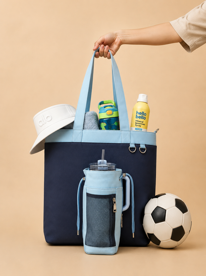 Navy& Baby Blue Canvas Tote Bag with Water Bottle Holder for 30oz & 40oz Giant Tumblers, Laptop & Everyday Essentials | Fits Stanley, Owala, Hydro Flask & More