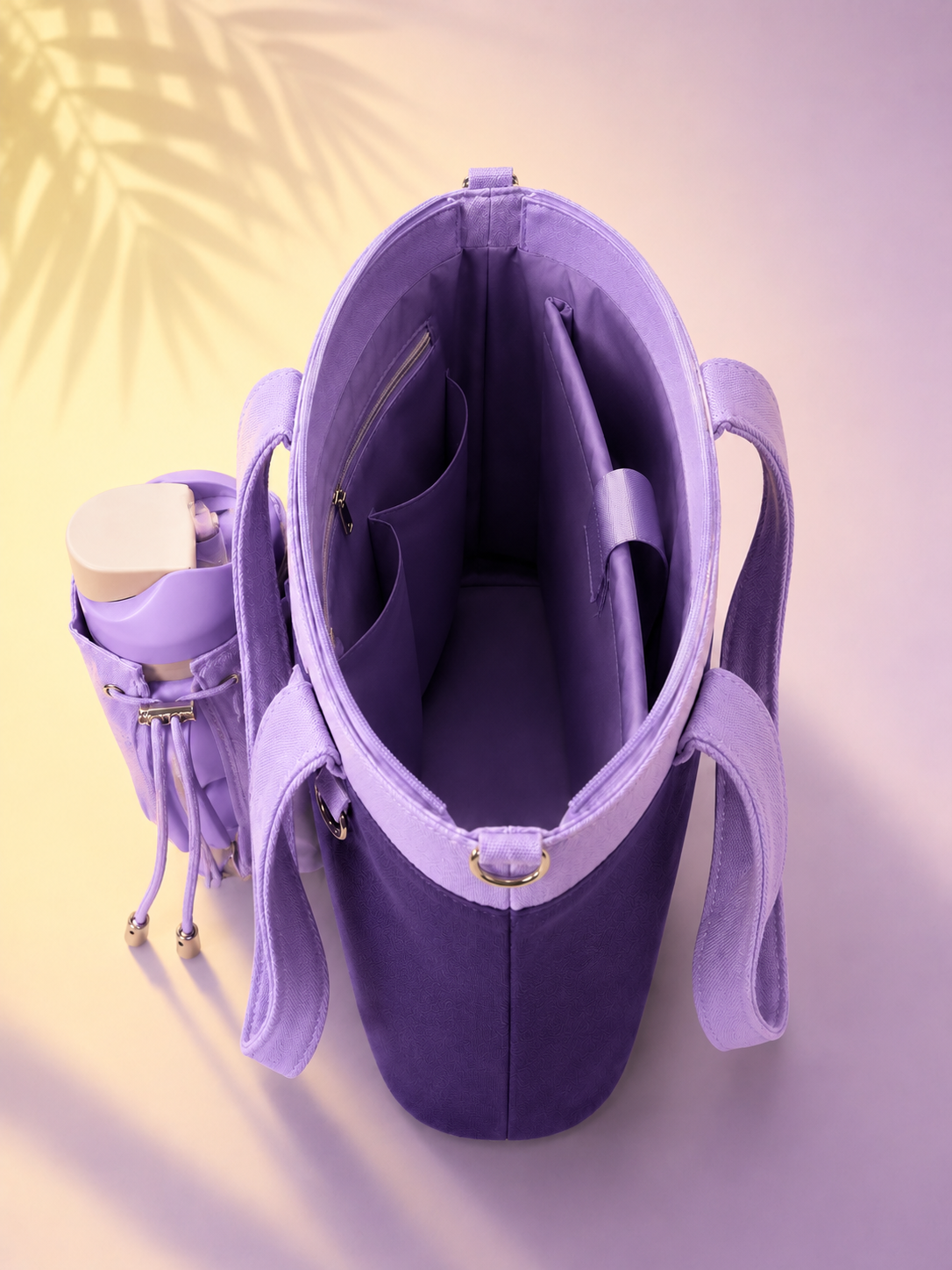 Purple Canvas Tote Bag with Water Bottle Holder for 30oz & 40oz Giant Tumblers, Laptop & Everyday Essentials | Fits Stanley, Owala, Hydro Flask & More