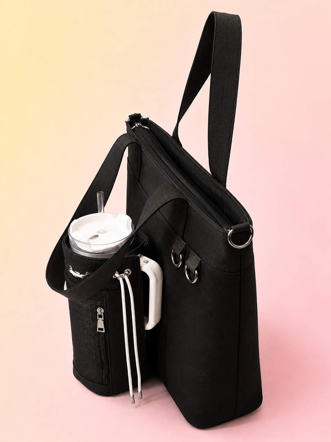 Black Canvas Tote Bag with Water Bottle Holder for 30oz & 40oz Giant Tumblers, Laptop & Everyday Essentials | Pink & Green | Fits Stanley, Owala, Hydro Flask & More