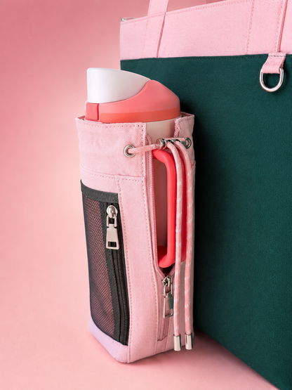 Strawberry Canvas Tote Bag with Water Bottle Holder for 30oz & 40oz Giant Tumblers, Laptop & Everyday Essentials | Pink & Green | Fits Stanley, Owala, Hydro Flask & More