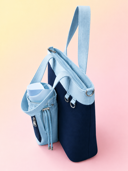 Navy& Baby Blue Canvas Tote Bag with Water Bottle Holder for 30oz & 40oz Giant Tumblers, Laptop & Everyday Essentials | Fits Stanley, Owala, Hydro Flask & More