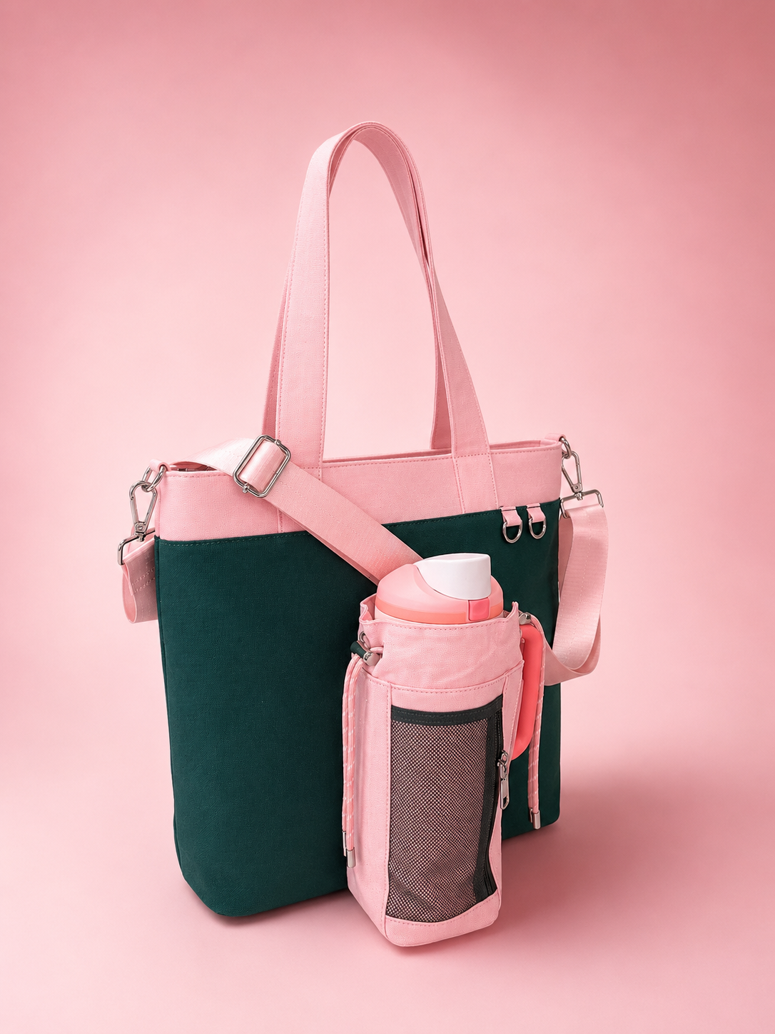 Strawberry Canvas Tote Bag with Water Bottle Holder for 30oz & 40oz Giant Tumblers, Laptop & Everyday Essentials | Pink & Green | Fits Stanley, Owala, Hydro Flask & More