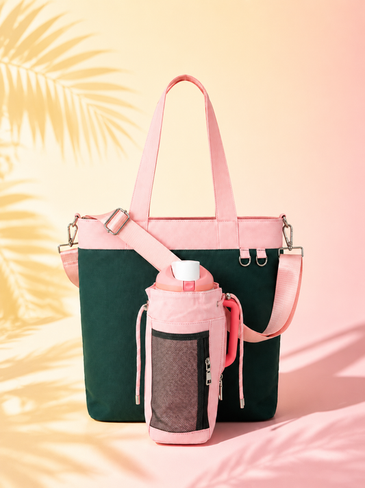 Pink and green water bottle tote bag with dedicated bottle holder