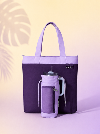 Purple Canvas Tote Bag with Water Bottle Holder for 30oz & 40oz Giant Tumblers, Laptop & Everyday Essentials | Fits Stanley, Owala, Hydro Flask & More