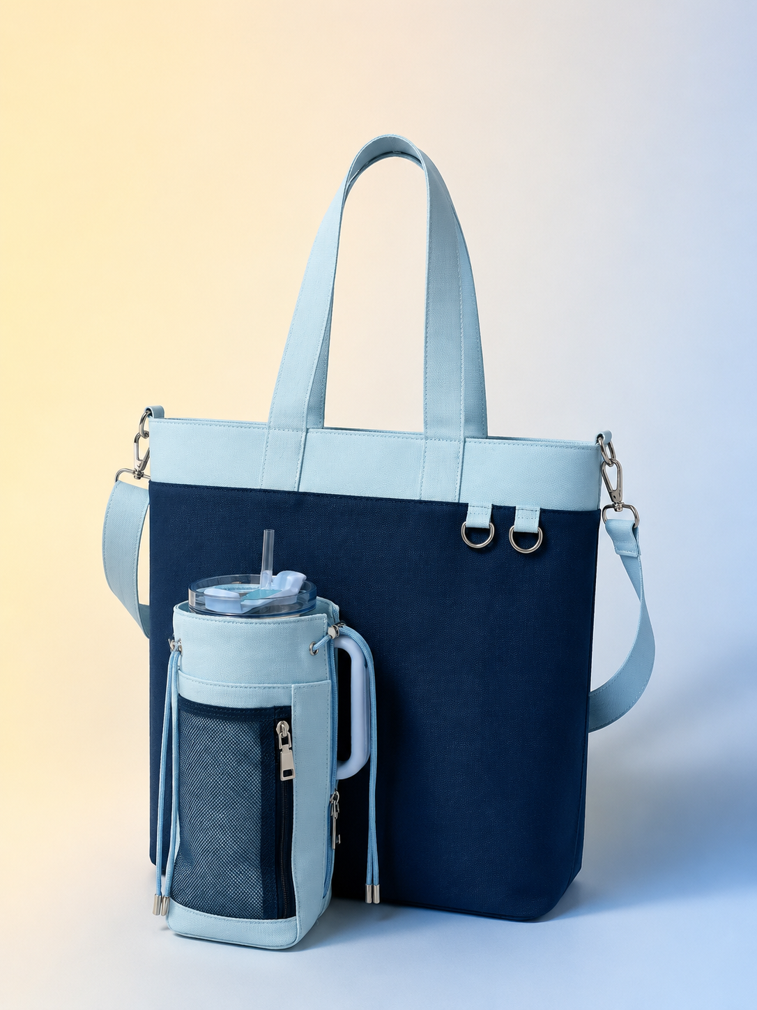 Navy& Baby Blue Canvas Tote Bag with Water Bottle Holder for 30oz & 40oz Giant Tumblers, Laptop & Everyday Essentials | Fits Stanley, Owala, Hydro Flask & More