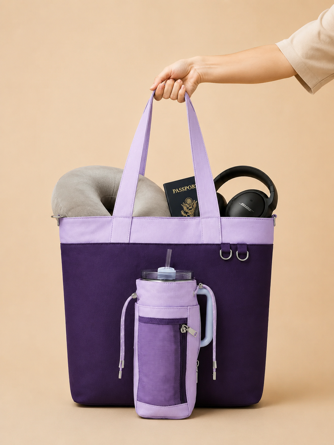 Purple Canvas Tote Bag with Water Bottle Holder for 30oz & 40oz Giant Tumblers, Laptop & Everyday Essentials | Fits Stanley, Owala, Hydro Flask & More