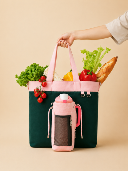 Strawberry Canvas Tote Bag with Water Bottle Holder for 30oz & 40oz Giant Tumblers, Laptop & Everyday Essentials | Pink & Green | Fits Stanley, Owala, Hydro Flask & More